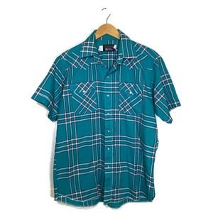 Vtg Panhandle Slim Sz 16.5 Pearl Snap Western Shirt Plaid Teal Cowboy Southwest